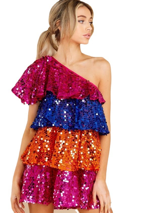 New Womens Short Sequins Off the Shoulder Sleeveless Splice Spicy Three Color Overlay Cake Dress