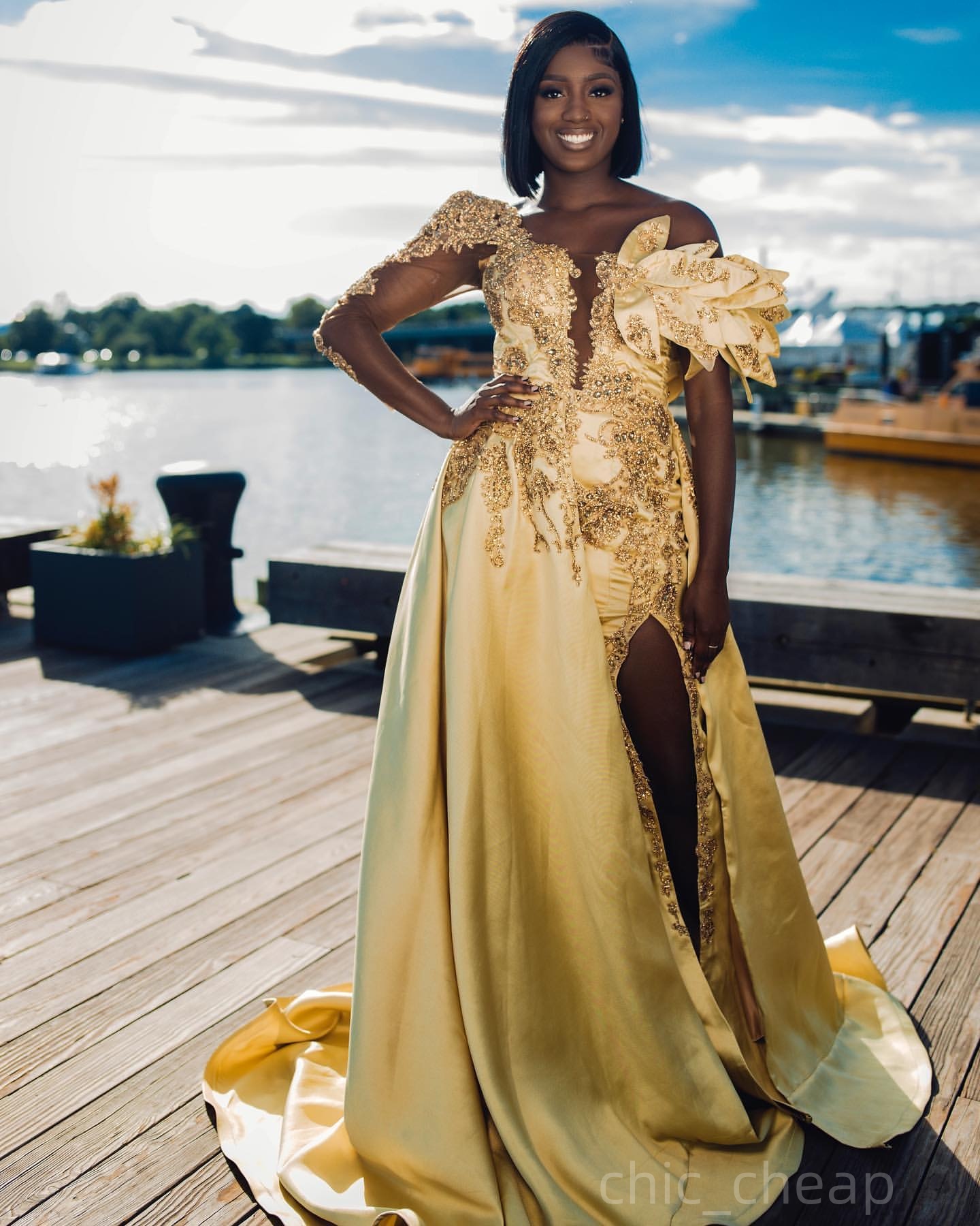 Gold Mermaid Prom Dresses 2025 Crystals Lace Satin One Shoulder Evening Formal Party Second Birthday Engagement Gowns Plus Size Dress For Special Occa