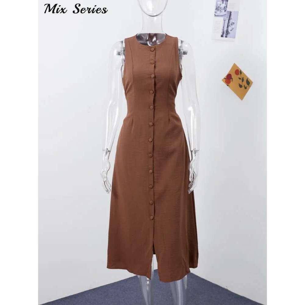 Elegant Sleeveless Long Dress Women's Slim Solid O-Neck Single Breasted A-Line Dresses 2025 Summer New Ladies Fashion Robes