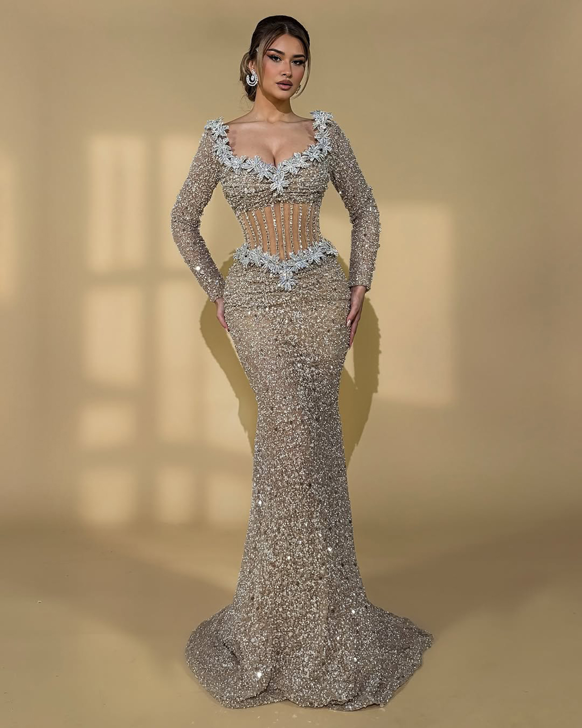 Graceful Evening Dresses Sequins Pearls Prom Dress Beading Long Sleeves Illusion See Through Mermaid Party Gowns Vestidos De Noche Plus Size