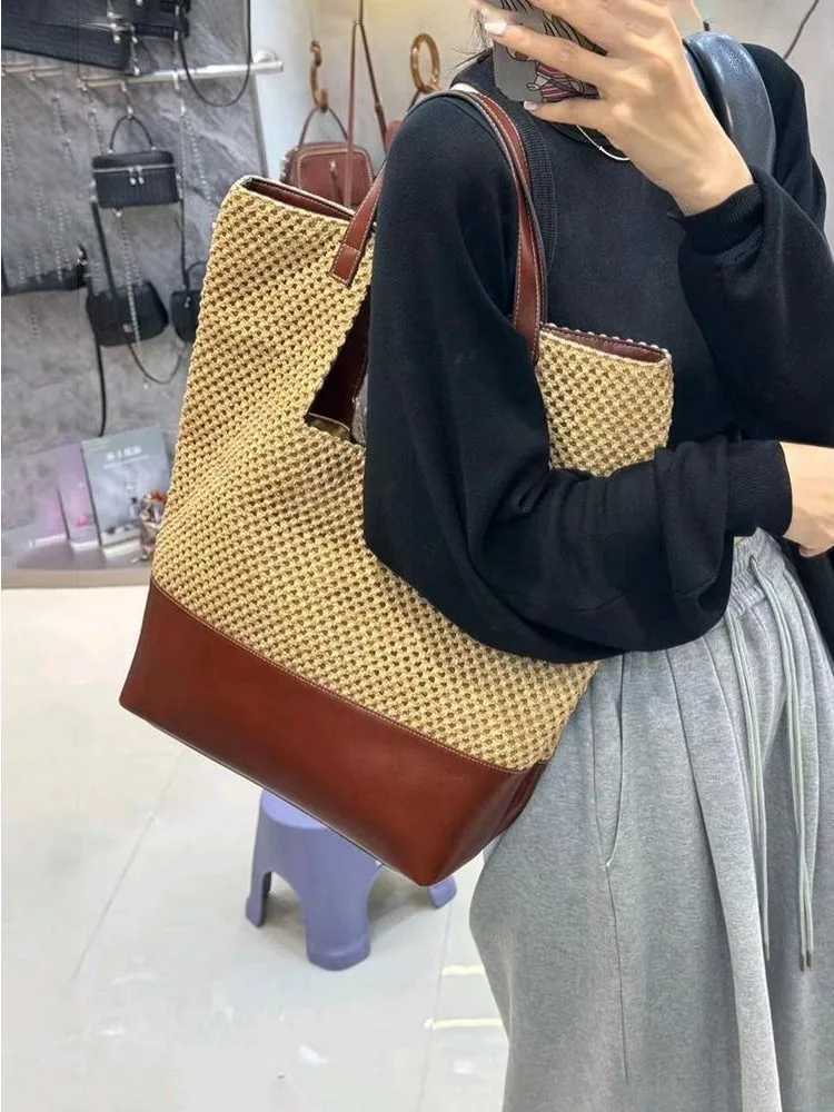 French Style Women Summer Straw Totes Handbag Large Capacity Cow Leather Spliced Shoulder Underarm Bag Casual Holiday Beach Bag W250524