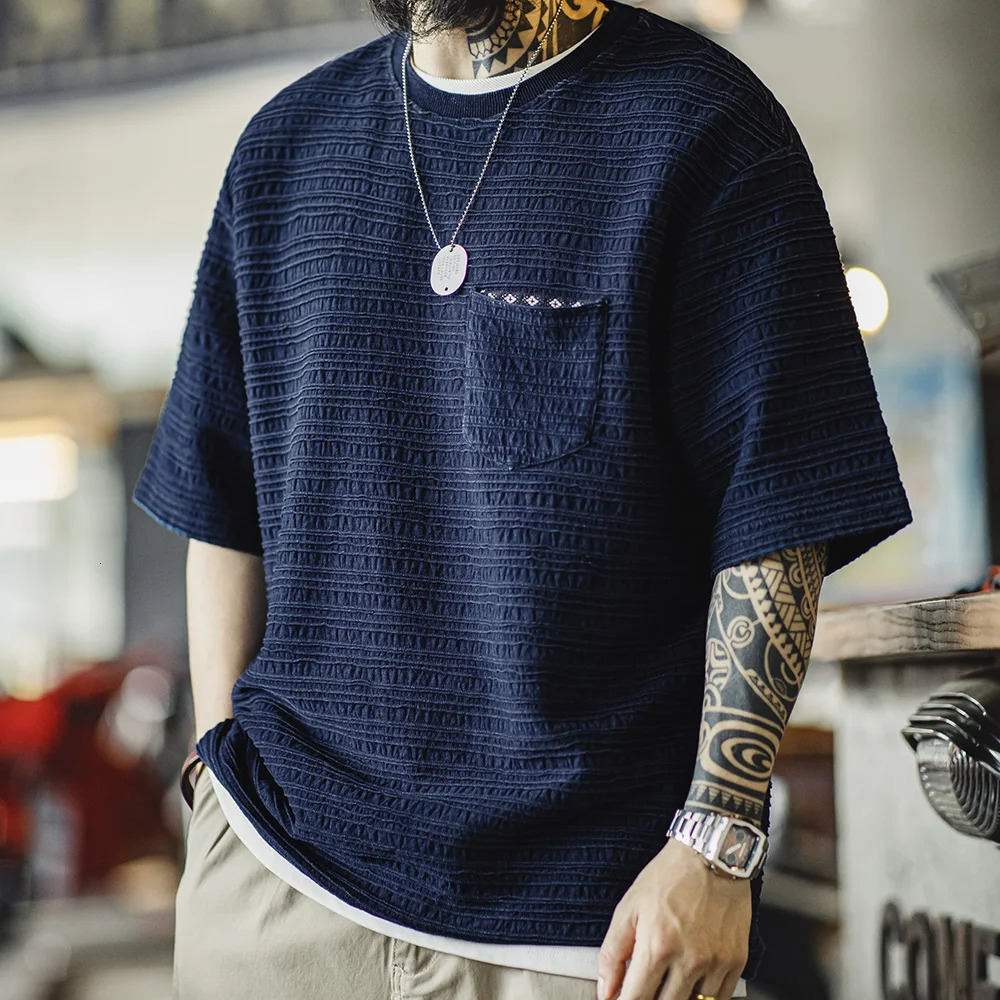 Made Retro Indigo Knitted Jacquard Wave Pattern Textured Tshirt Loose Fit Solid Color Shortsleeved Tee for Mens Summer Tops 250526