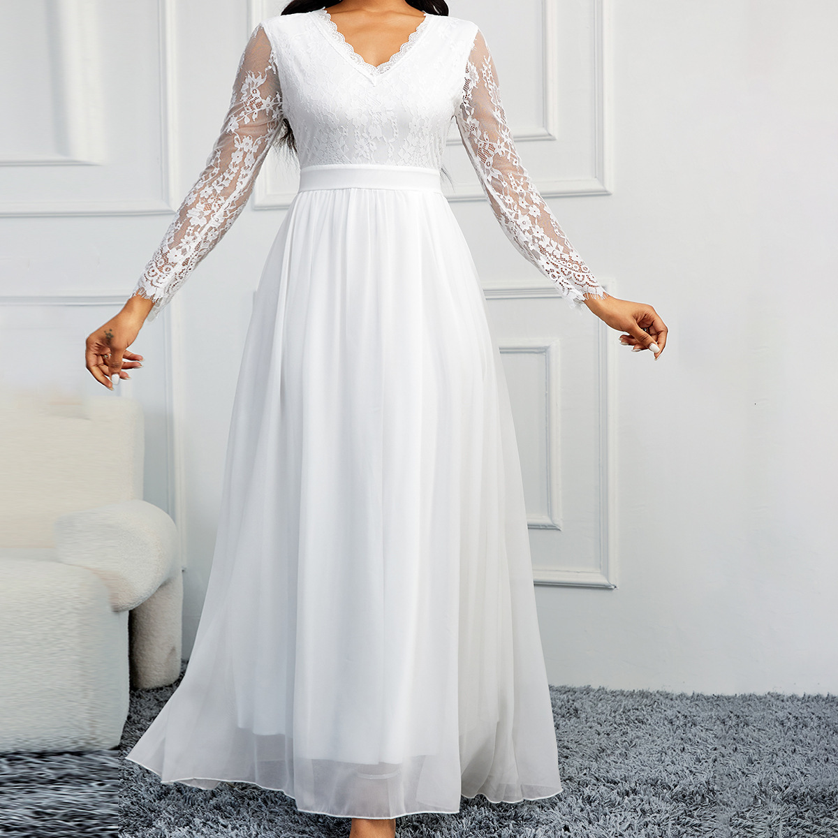 New Dress Slim Fit White Wedding Dress Lace V-Neck Fashion Dress Chiffon Wedding Dress