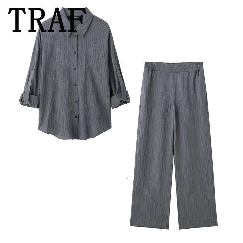 TRAF Stripe Wide Leg Pants Sets For 2 Pieces 2025 New Fashion Loose Shirts Suit Casual Two Piece Set Women Outfit