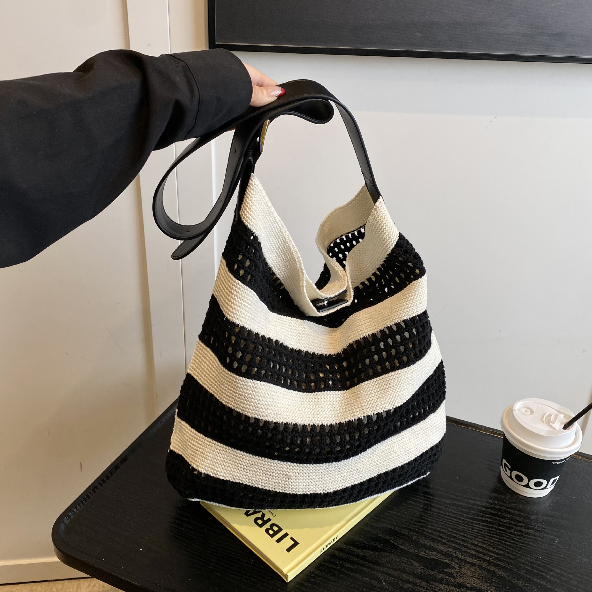 2025 Spring And Summer Striped Woven Bag Niche Design Contrast Color Striped Knitted Bag Women's Simple Hollow Hand-held Shoulder Bag