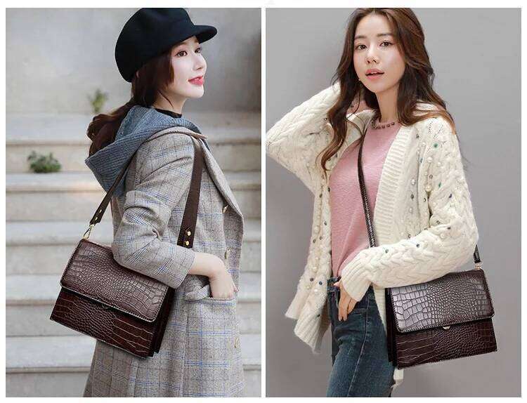 NIGEDU Fashion Women Handbag crocodile Leather Flap Shoulder Bag for Female crossbody bags Large capacity Totes coffee