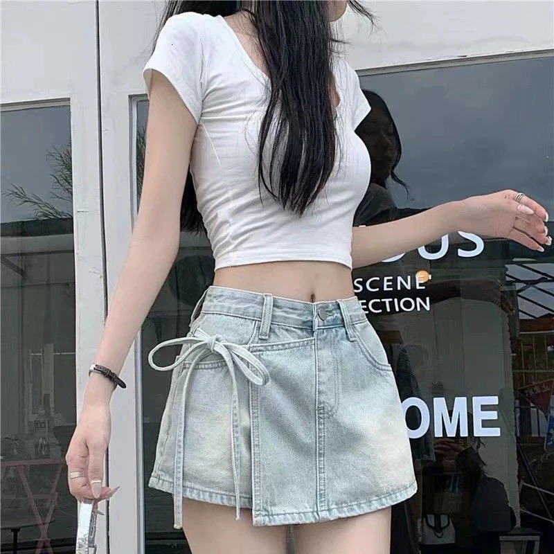 Fashion Bow Knot ALine Denim Skirt Korean Asymmetrical Split Blue Ladies Summer Basic High Waist Skirts Mujer 250516Z