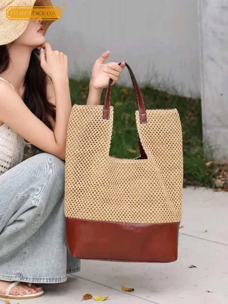 French Style Women Summer Straw Totes Handbag Large Capacity Cow Leather Spliced Shoulder Underarm Bag Casual Holiday Beach Bag W250524