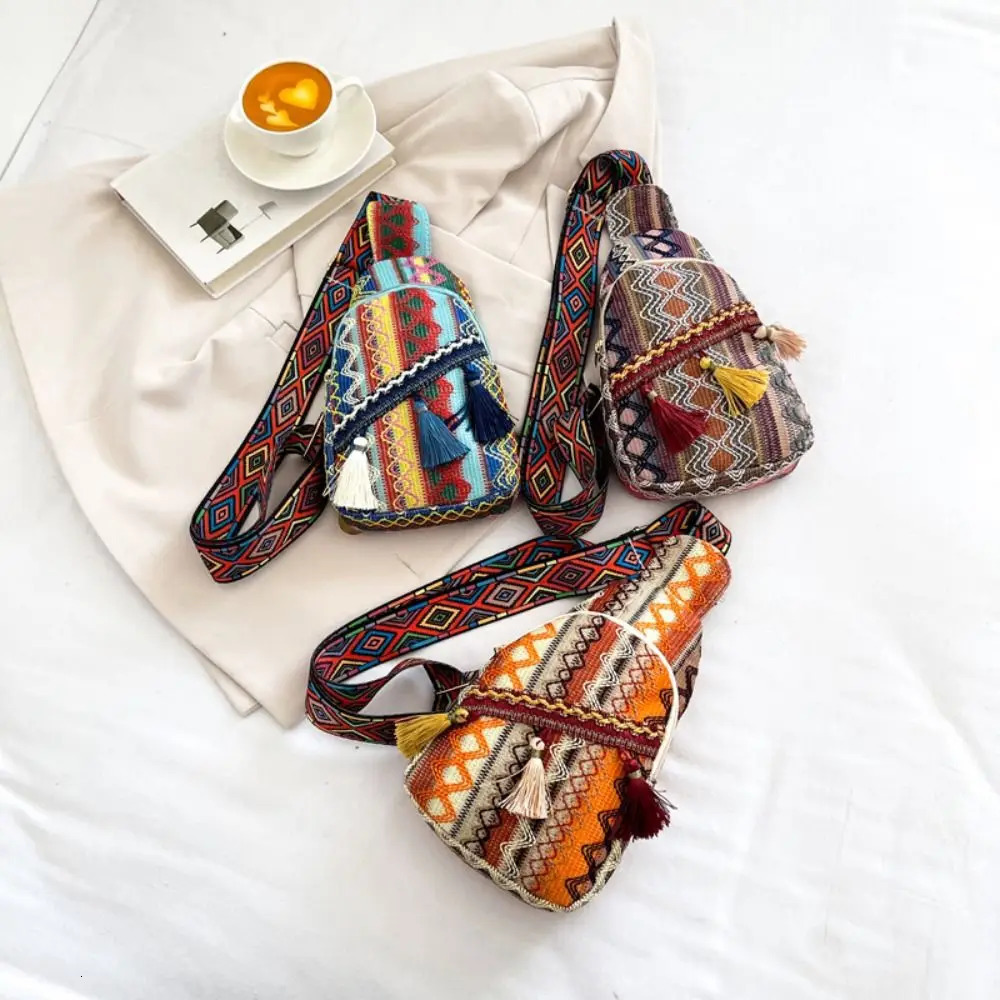 Embroidery Bohemian Shoulder Bag Colorful Korean Style Woven Bag Fringe Chest Bag Handbag Geometric Ethnic Style Crossbody Bag 250526