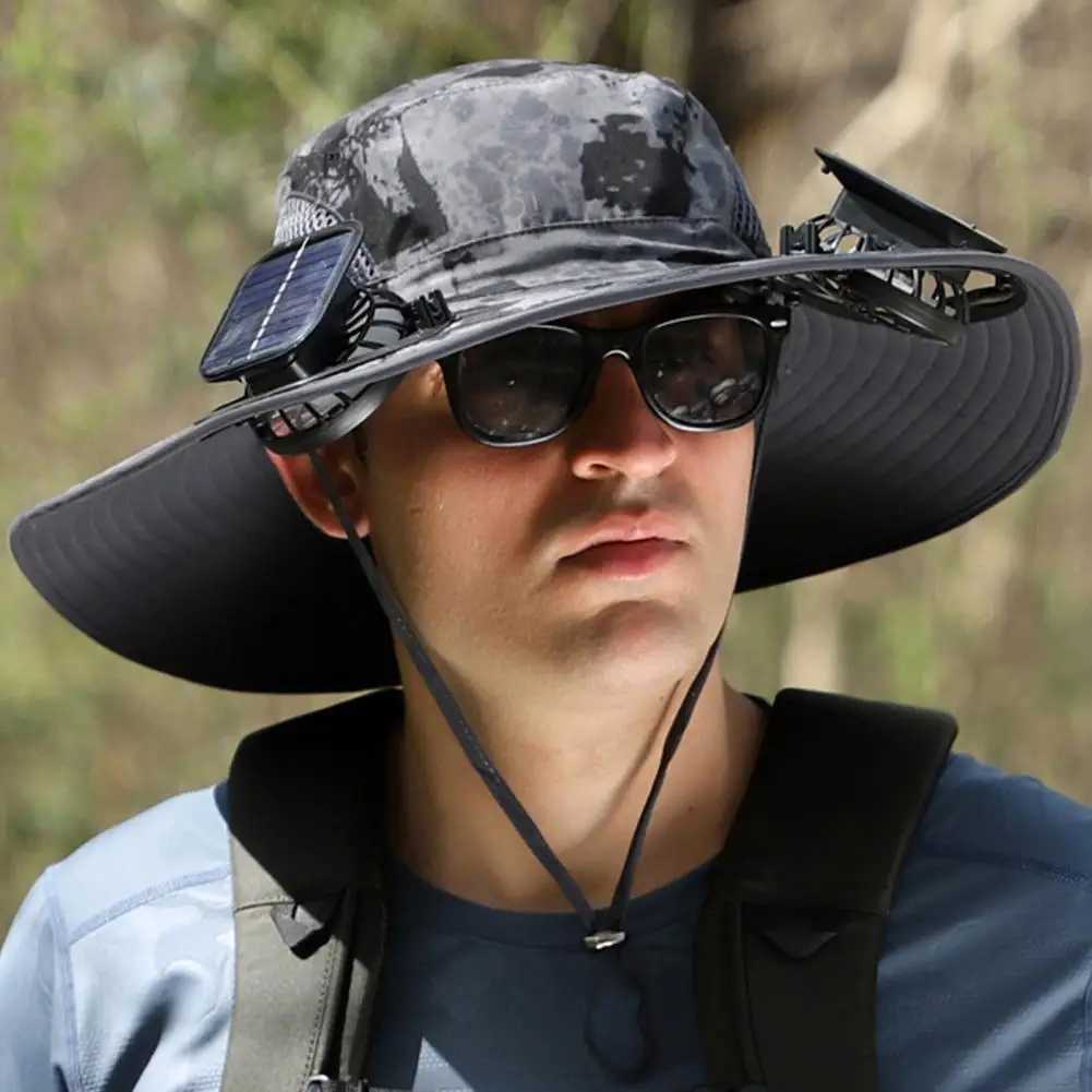 1 Set Outdoor Sun Hat With 2 Fan Large Brim Windproof Strap Solar Or USB Charging Anti UV Sun Outdoor Fishing Cap z25052649F8