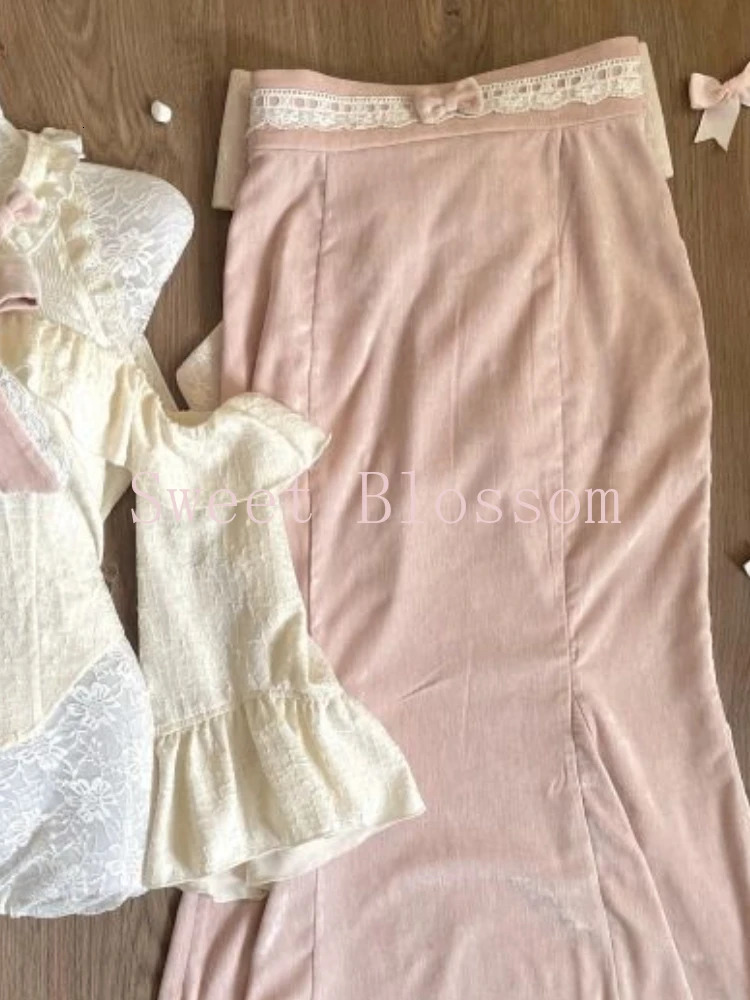 Sweet Fashion Skirts Suit Women Lace Bow Off-the-Shoulder Top High Waist Skirts Japanese Slim Kawaii Y2k 2 Piece Sets 250523