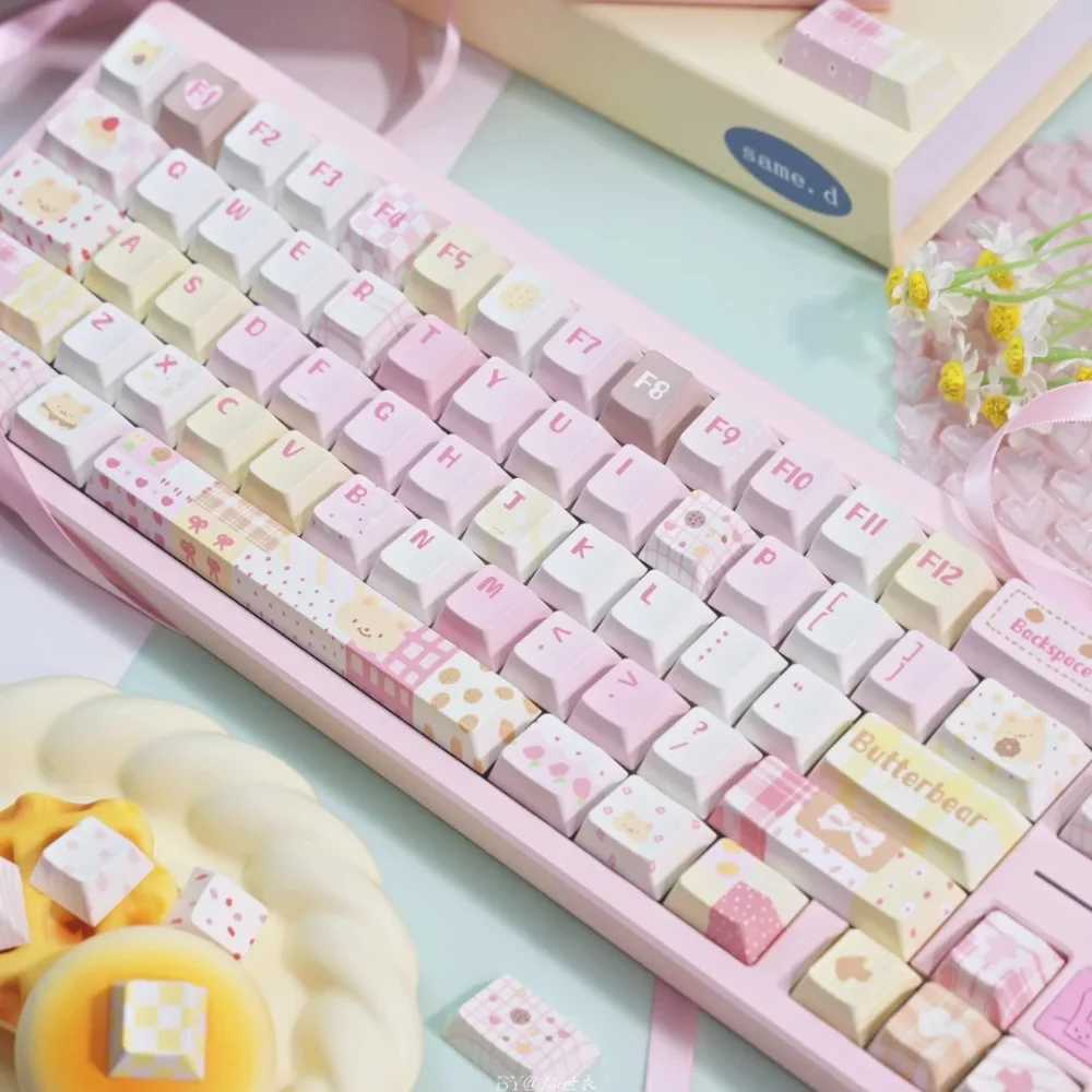 Cute Butter Bear Keycap SOA Cherry Profile PBT Keyca for DIY Mechanical Keyboard Pink Light Yellow Hand-painted Style Key Ca R250526