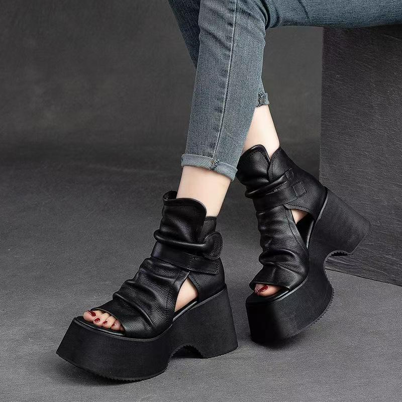 Retro thick-soled women's Spring/Summer 2025 new fish-mouth sponge high-top Roman sandal women