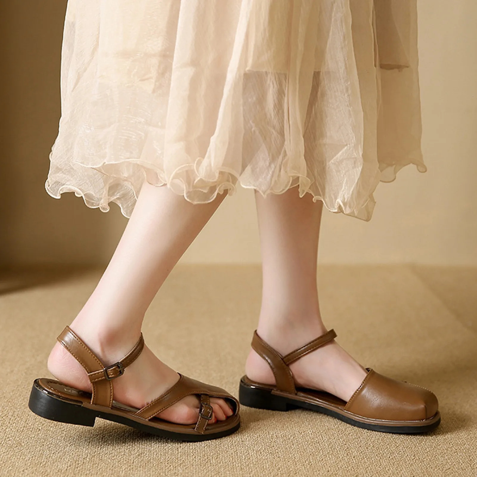 Womens summer sandals Fashion Baotou Sandals Hollowed Out flat Patent leather laceup Female Casual Shoes 250526