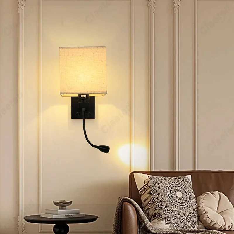 LED Fabric Lampshade E27 with Switch Wall Light USB Charging Port Adjustable Angle Spotlight Bedroom Bedside Reading LightXJ250526