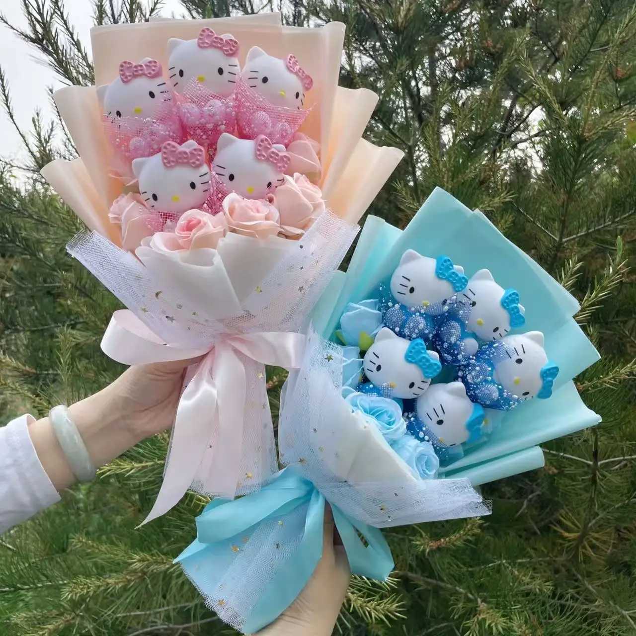 Cartoon Vinyl Doll Hello Kitty With Artificial Flower Creative Bouquet Christmas Valentine Birthday Gifts For Girlsw250526