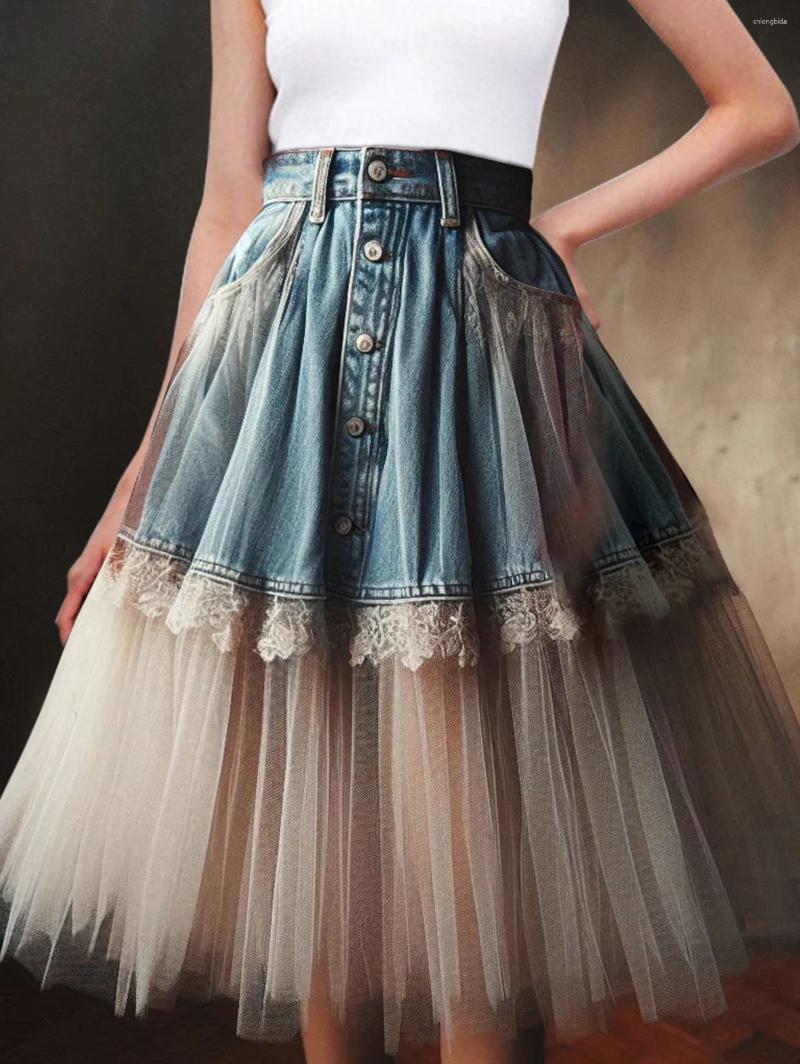 Casual Dresses Boho Chic Womens High Rise Denim Midi Skirt Lace Tulle Patchwork Design Vintage A-Line Streetwear Fashion Summer 2025