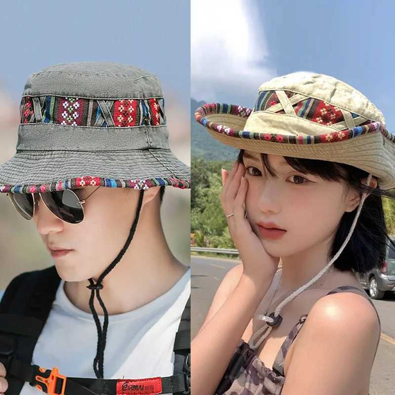 2025 Summer Bucket Hat With String Women Man Vintage Beach Sun Fishing Hats Outdoor Hiking Bob Panama Summer Fisherman Caps z250526VLUP