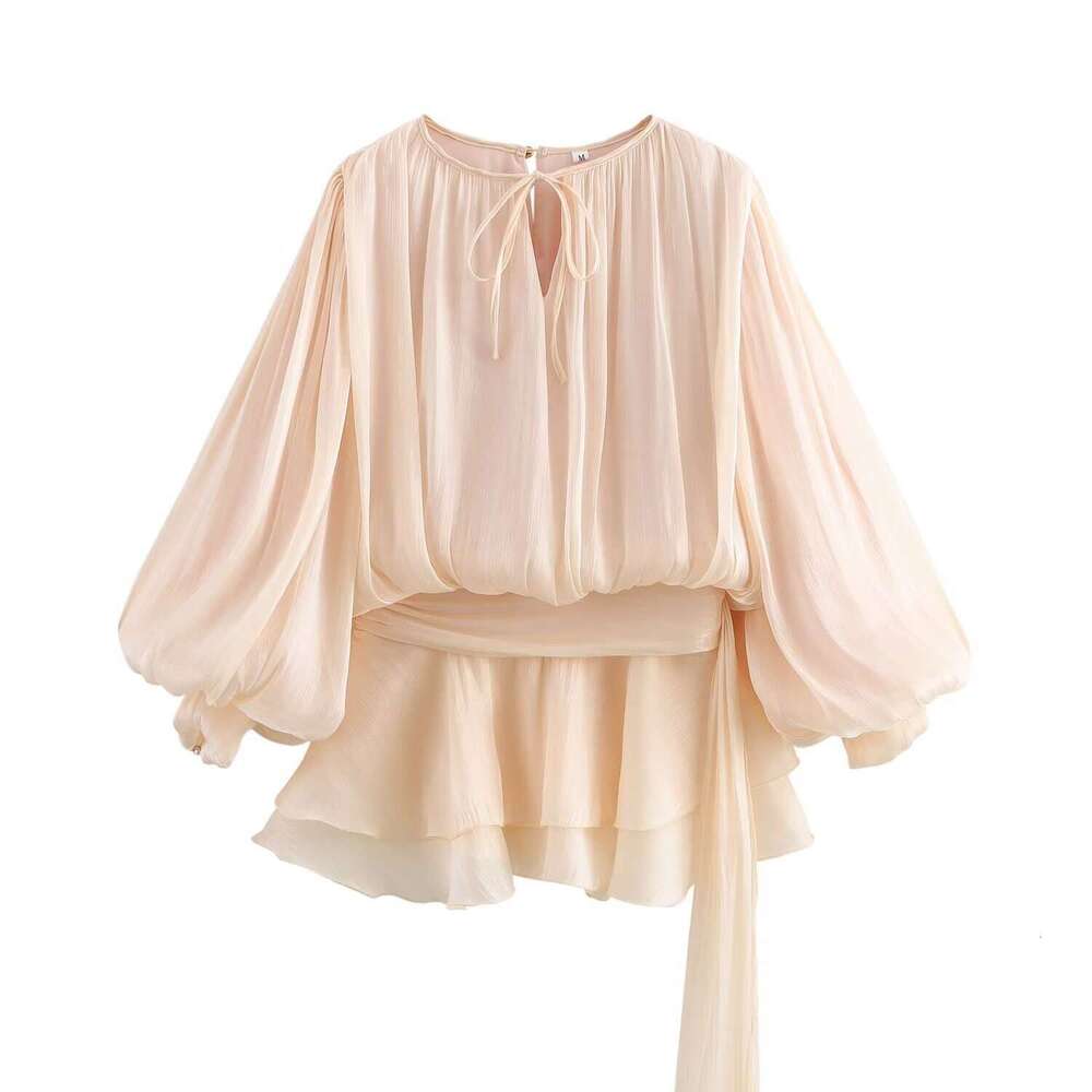 Backless Sexy Dress Three Color Puff Sleeve Ruffle Pleated Short Spring Summer Tie Waist Mini Dress Sexy Flowy Dresses