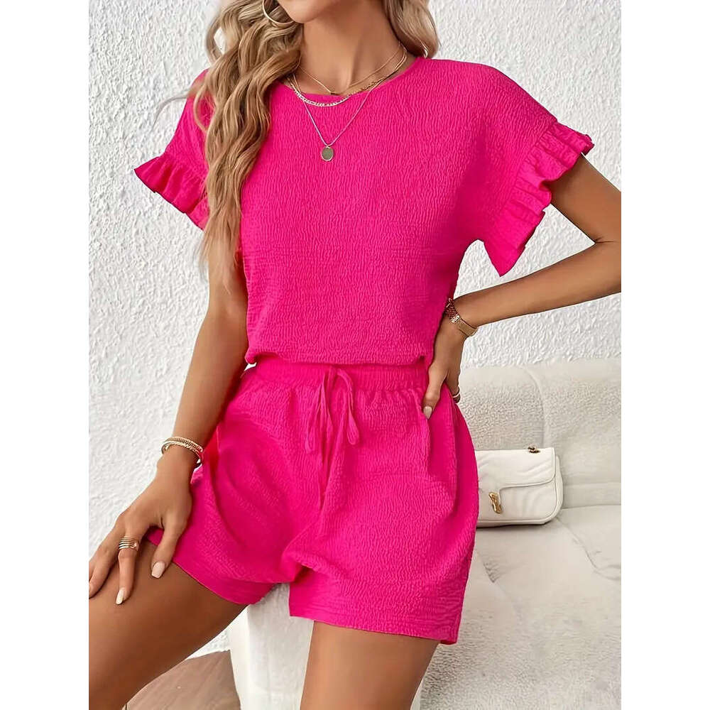 DHEssentials Wrinkled Casual Set 2-piece Short Sleeve Folded Women's Pajama