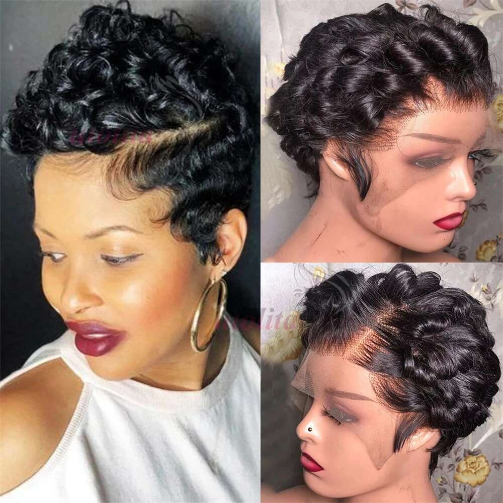 Curly 100% Human Hair 13x4 Lace Frontal Short Bob Wig Pixie Cut Wigs for Black Women