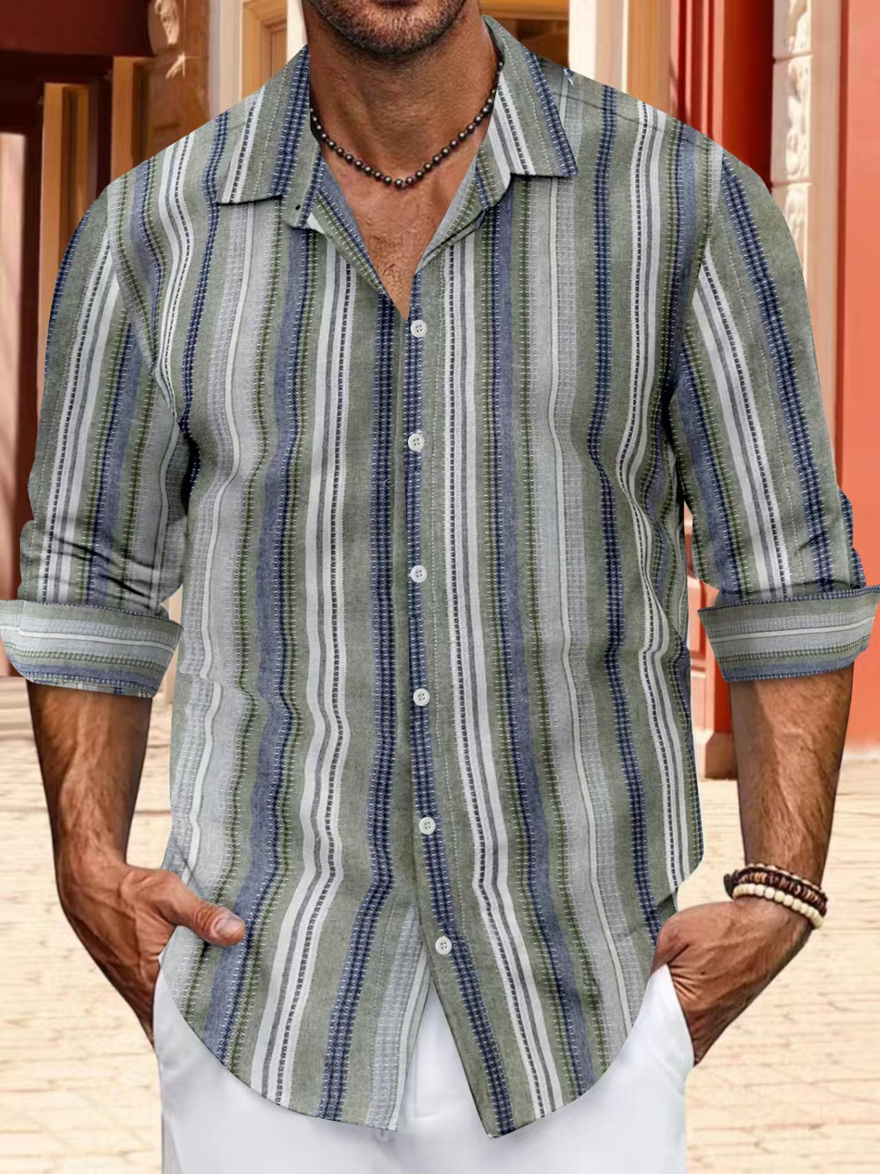 button up shirt Mens lapel long sleeve shirt with single breasted buttons made of cotton and linen