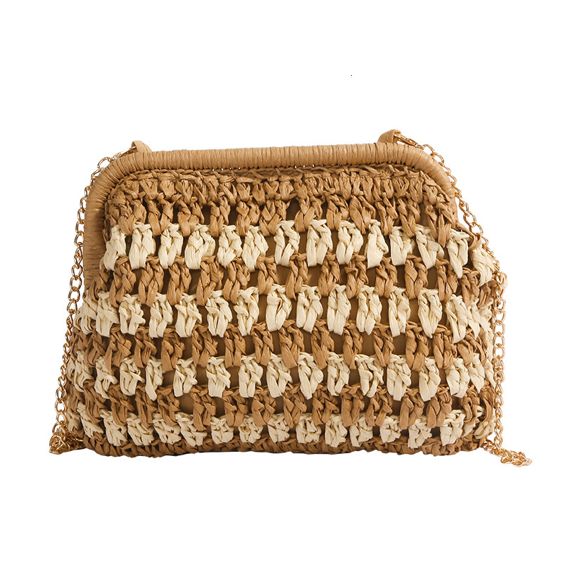 2025 Yuzi Woven Clutch Pleated Shell Straw Chain Crossbody Vacation Beach Bag for Women