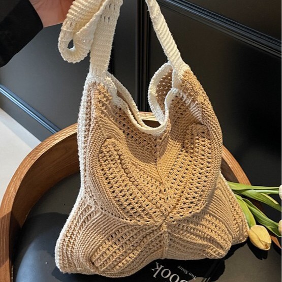 2025 Summer New Large Capacity Single Shoulder Cotton Woven Mesh Tote Beach Vacation Underarm Bag