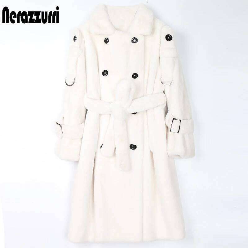 Nerazzurri Long Warm Thick Soft Fluffy Faux Fur Trench Coat for Women 2022 Double Breasted Pink White Green Winter Fashion Belt