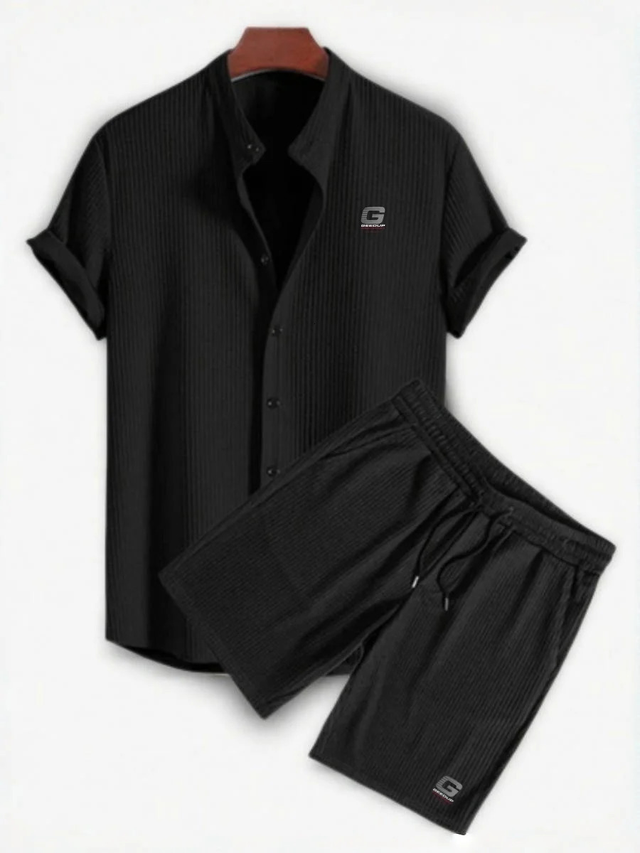 2025 Mens Casual Loose Multicolor Beachwear Corduroy Short Sleeve Shorts TwoPiece Set Hanstyle Collar Applique Top 250519