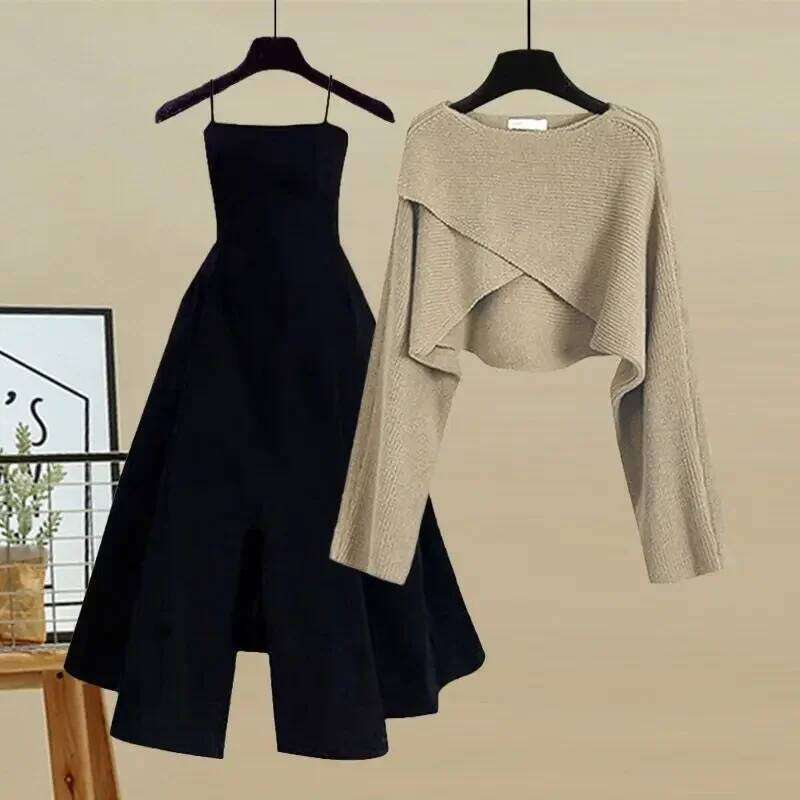 Fashionable Women's Spring And Autumn 2025 New Korean Age Reducing Knitted Sweater Sling Dress Two Piece Set