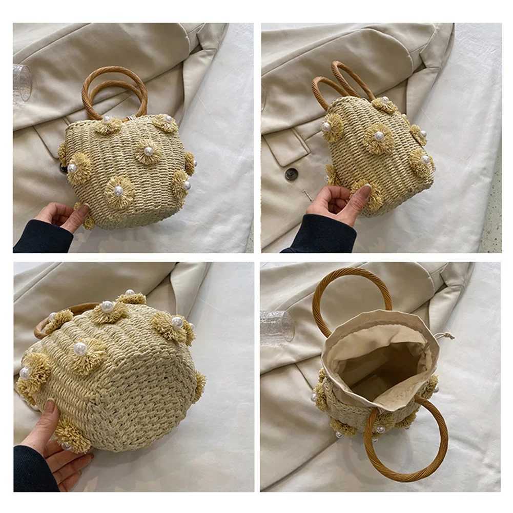 Women Straw Tote Handbag with Pearls Handmade Woven Bag Drawstring Wrist Purse Summer Holiday Beach Bag W250524