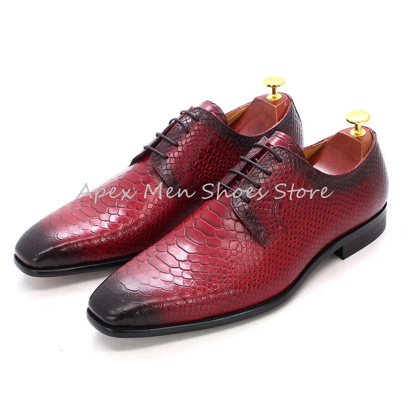 Mens Red Snakeskin Oxfords Round Toe Formal Shoes Handmade Lace Up Pattern n Genuine Leather Business Derby Shoes 250526