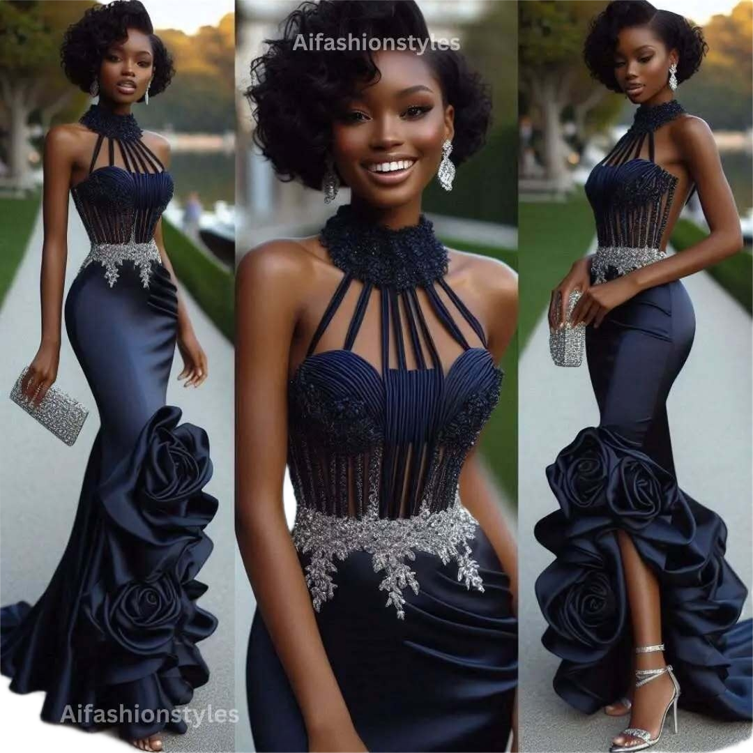 Gorgeous Navy Blue Aso Ebi Prom Dress With Florals Halter Crystal Mermaid Evening Dress Elegant Black Girls Formal Bespoke Occasion Birthday Dress 202