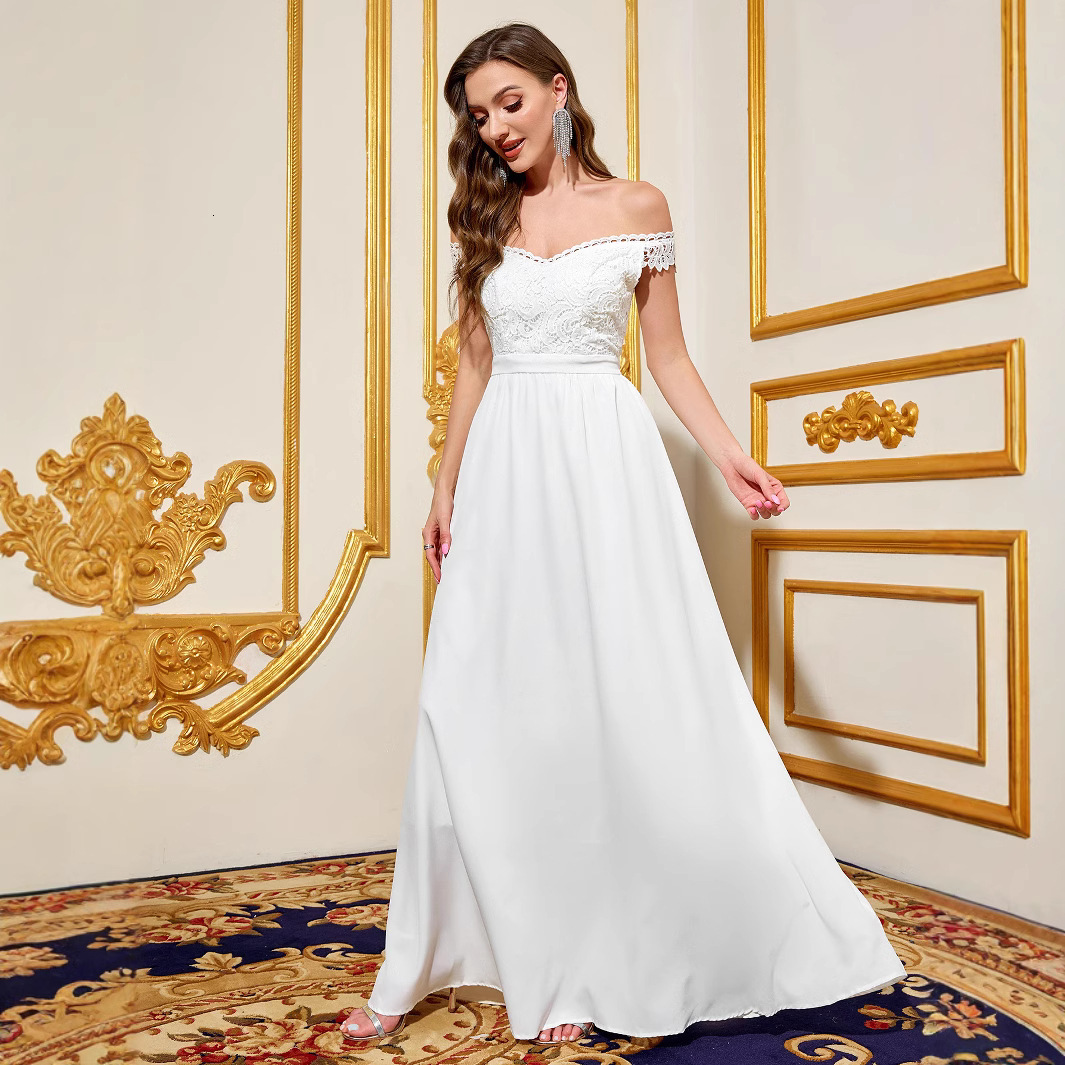 Womens Dress Elegant Long Wedding Banquet One Shoulder White Wedding Dress