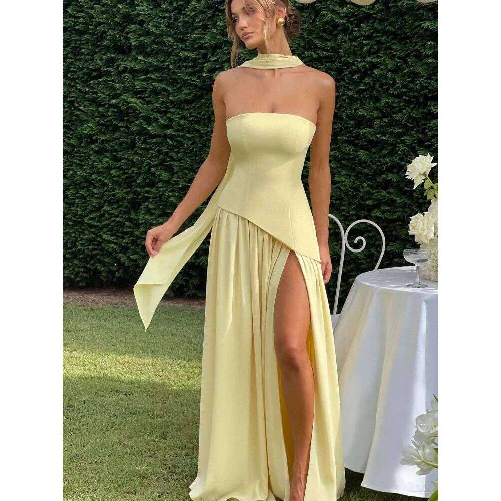 Butter Yellow Pleated Scarf Collar Long Dress Women Tie Back Spliced Backless Split Party Dresses 2025 Summer Asymmetric Robes