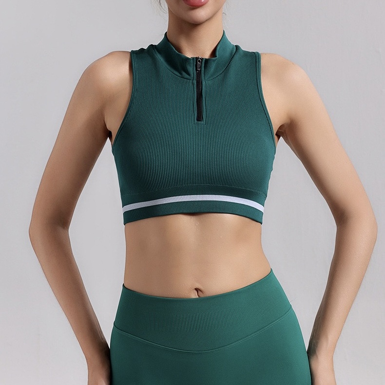 Semi-Open Zipper Threaded Sports Yoga Vest No Rim Running Fitness Tennis Training Sports Underwear