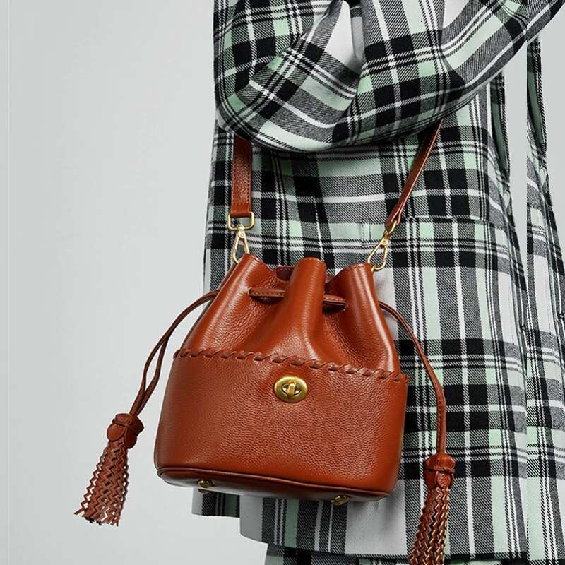Burminsa Cow Genuine Leather Drawstring Bucket Small Shoulder Crossbody Bags For Women Designer Tote Ladies Handbags bag