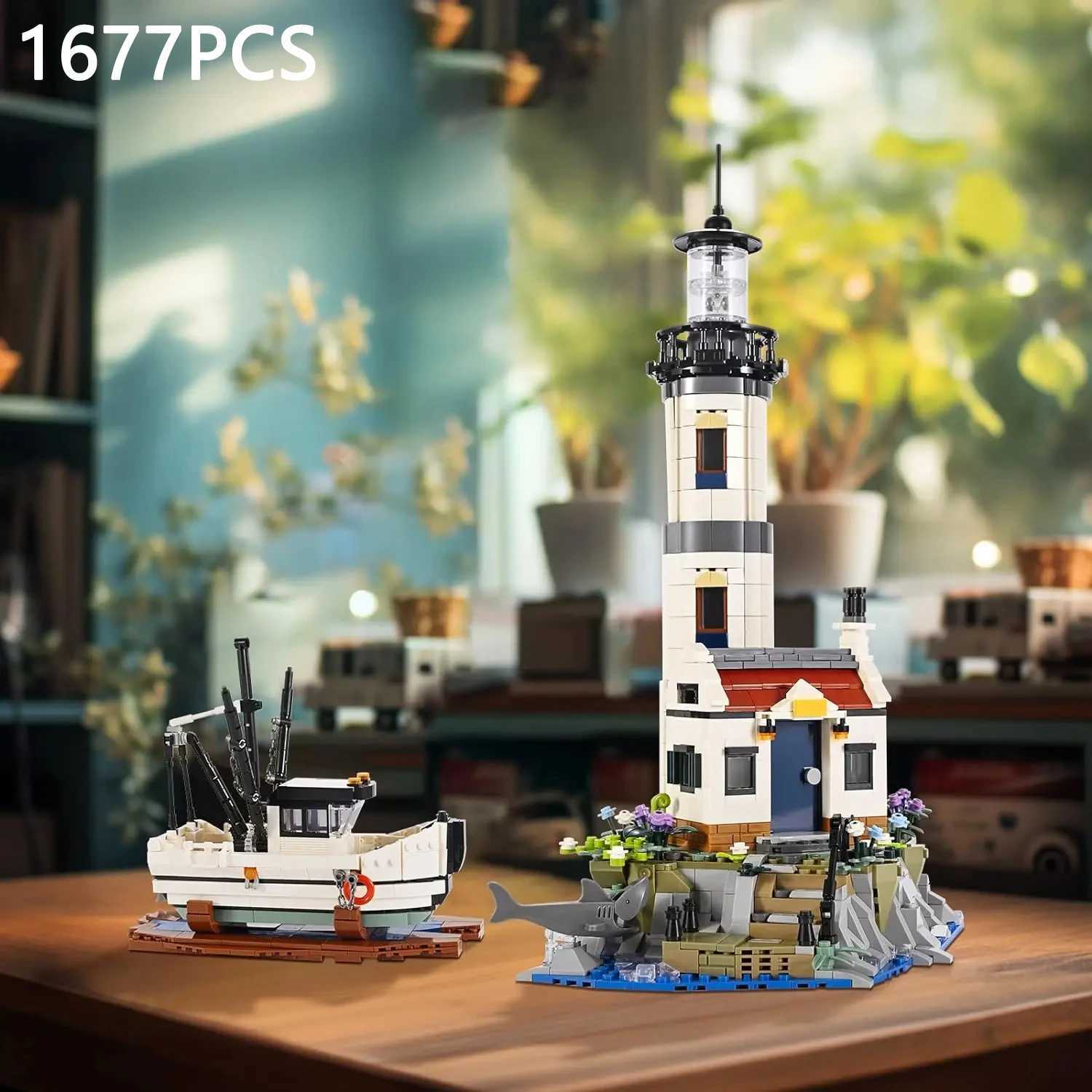 1677PCS Electric Lighthouse Building Blocks Fisherman Rescue Boats Lighthouse Model Bricks With Light Kids Toys Christmas Gifts M250526
