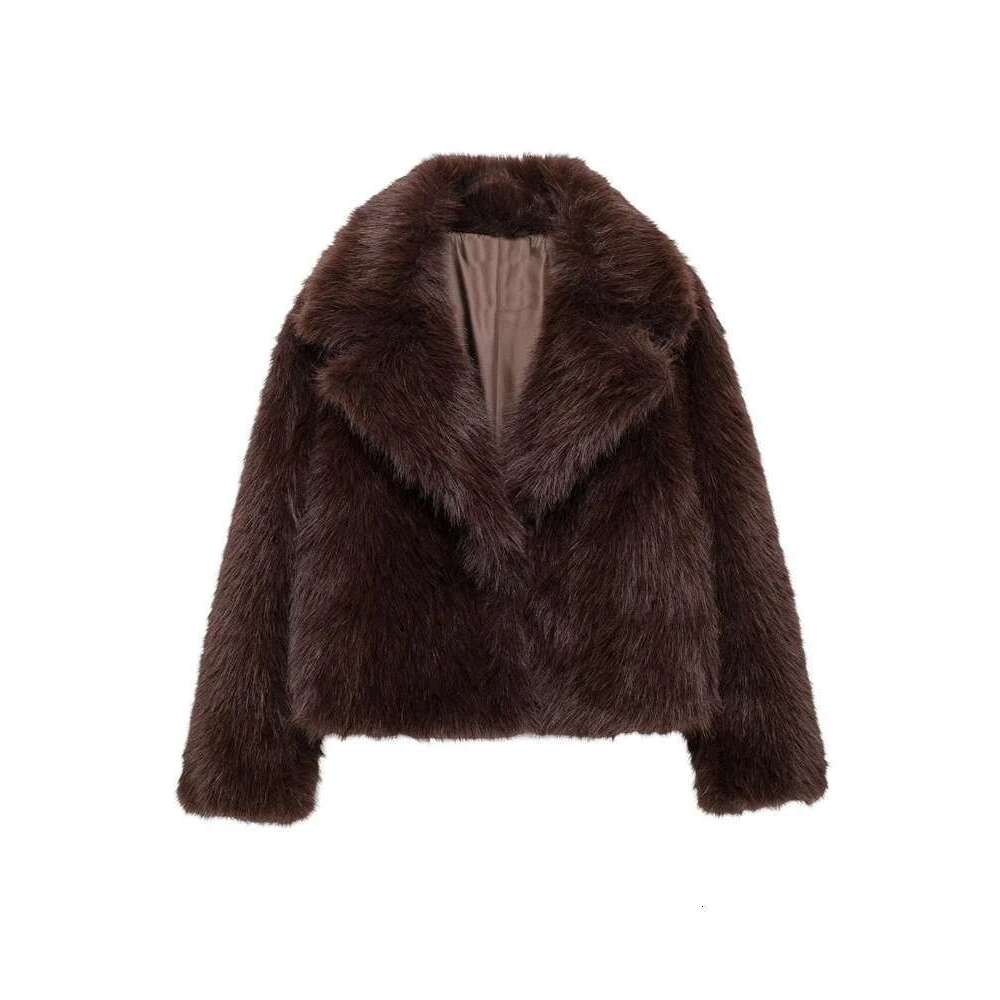 PB&ZA Women's 2024 Autumn/Winter New Jacket Flip Collar Artificial Fur Effect Brown Maillard Short Coat