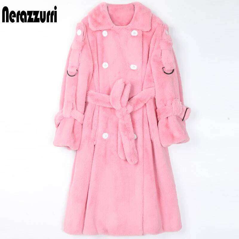 Nerazzurri Long Warm Thick Soft Fluffy Faux Fur Trench Coat for Women 2022 Double Breasted Pink White Green Winter Fashion Belt