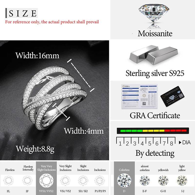 TUHE Unisex Sier Ring Moissanite Woman Hip Hop Jewelry