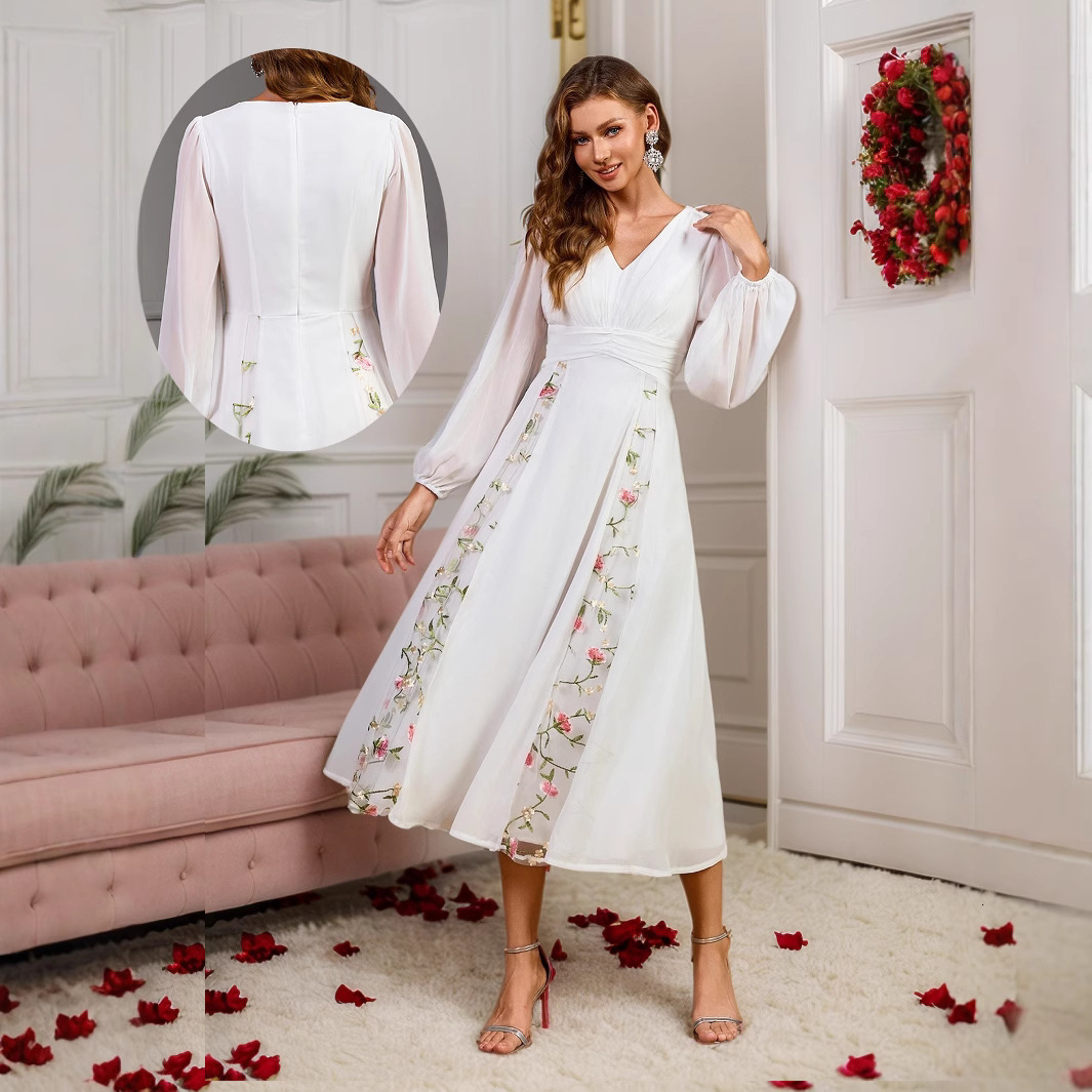 New white fluffy skirt versatile V-neck lantern sleeves mid length skirt banquet wedding bride gift party