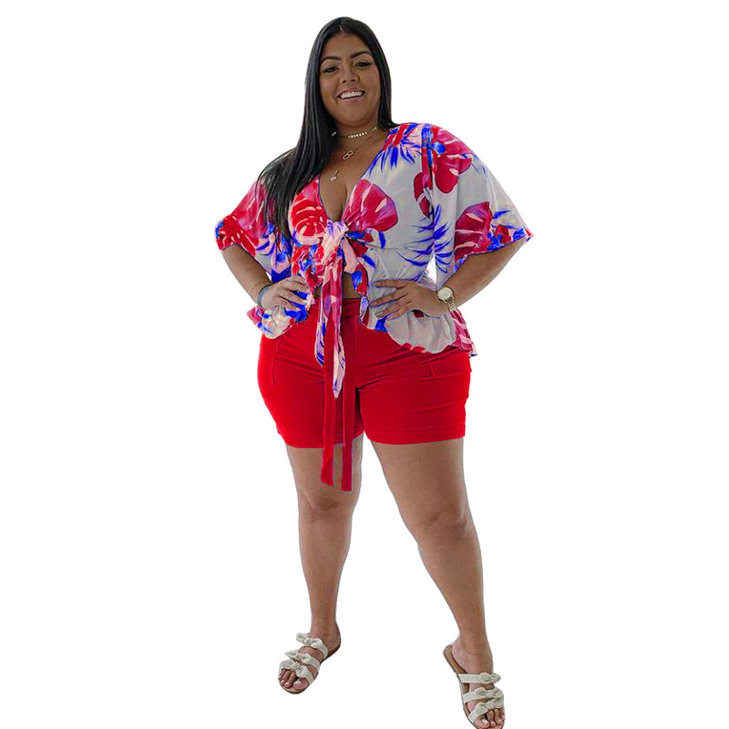 Women short Sleeve V Neck Sexy Printed Tracksuits Plus Size Two-Piece Casual T-Shirt and Shorts Set