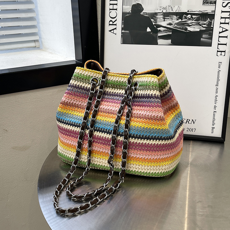 Free Shipping Designer Bag Women's Summer Woven Shoulder Bag Rainbow Striped Grass Woven Bag Large Capacity Chain Shopping Bag Leisure Vacation B