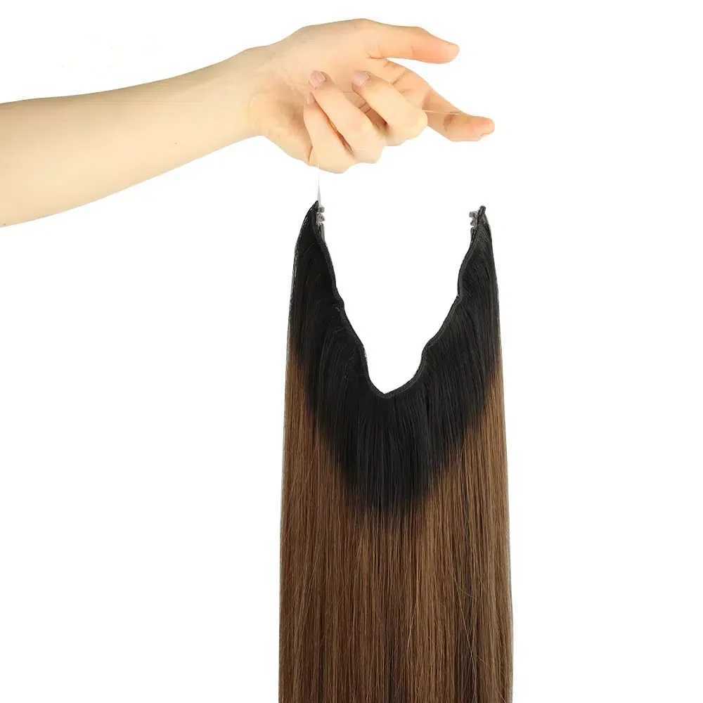 Wire Hair Extensions Human Hair Straight Remy Invisible Fishing Wire Balayage Ombre Blonde Golden Hair Extensions with 4 Clips S25526