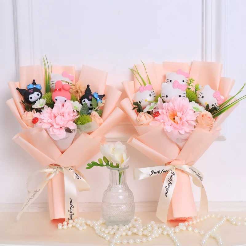 Cartoon Vinyl Doll Hello Kitty With Artificial Flower Creative Bouquet Christmas Valentine Birthday Gifts For Girlsw250526