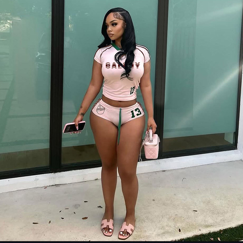 Summer Track 2 Piece Set Fashion Letter Printed Short Sleeve O-neck Tees+Bandage Slim Shorts Mujer Sporty Outfits