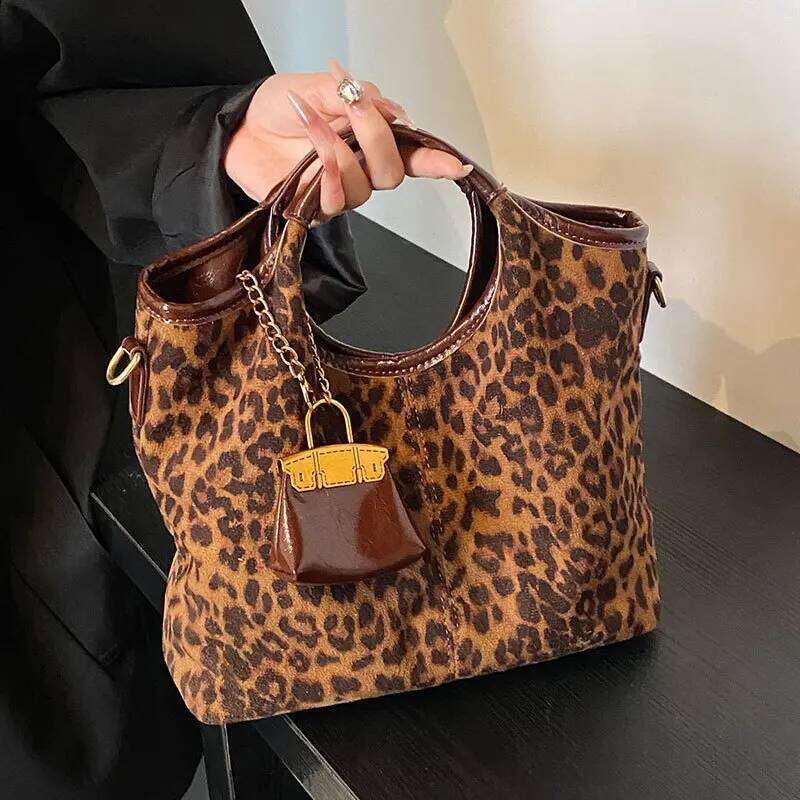 2025 Vintage Oversized Tote - Suede Leather Crossbody Purse with Leopard Print, Convertible Shoulder Bag for Women