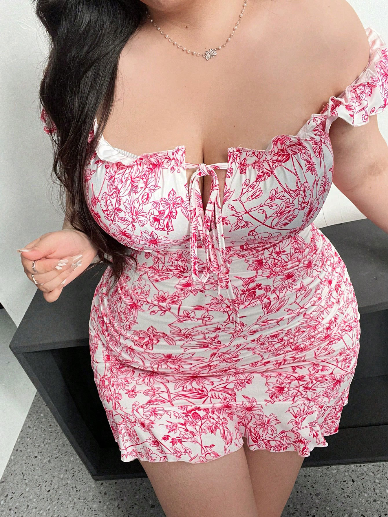 Plus size Dresses Sexy one shoulder floral pink pleated dress New spring summer style strapless design bodycon short skirt XL-XXXL